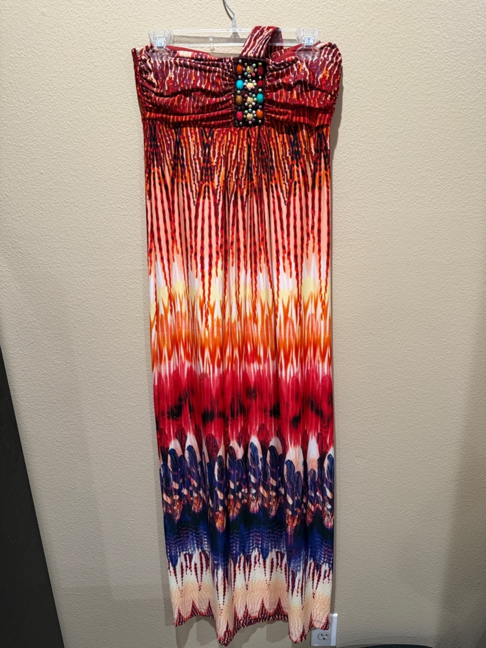 JFW Vibrant Multi-Color Halter Maxi Dress - Jeweled Bodice - Size M